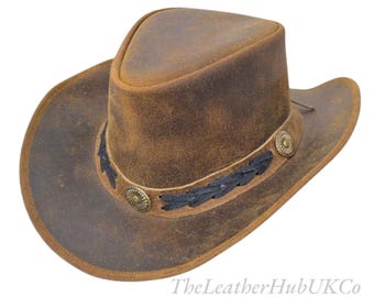 Handmade Distressed Brown Leather Cowboy Hat: Western Outback Style
