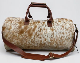 Borsone in pelle di vacchetta, borsa da palestra in pelle di vacchetta, borsa da viaggio, borsa per il weekend, borsa in pelle di vacchetta marrone e bianca, borsone in pelle