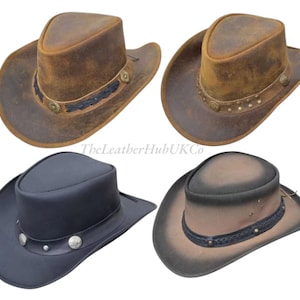 Men&#39;s Handmade Leather Cowboy Hat – Western Outback Rancher Hat in Vintage Crazy Horse Style – Wide Brim Bush Hat for Country Wear