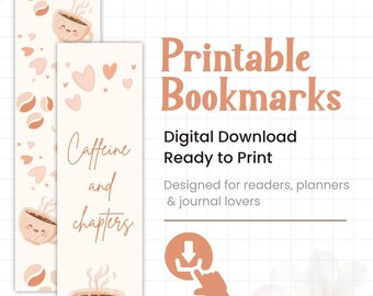 Marcapáginas de café imprimibles: tazas kawaii, corazones y frases (descarga digital)