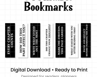 7 Marcapáginas imprimibles – Marcapáginas tipográficos llamativos – Ideas para la lectura consciente – Regalo para amantes de los libros en blanco y negro – Descarga digital