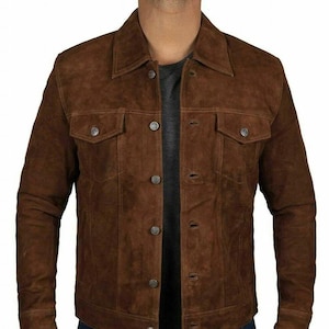 Chaqueta de cuero de ante marrón oscuro Logan para hombre, estilo vaquero occidental, estilo camionero