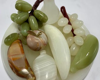 Hand-Carved Onyx Fruit Set – 1050g Decorative Stone Fruit Bowl – Vintage Gemstone Home Decor