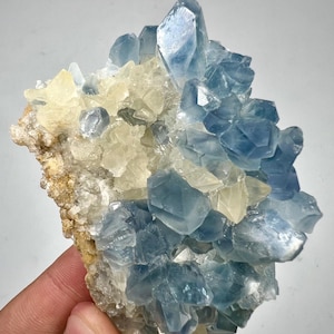 May include: A mineral specimen featuring a cluster of translucent blue crystals intermixed with pale yellow, semi-transparent crystals on a rough, light brown rocky matrix. The crystalline structure displays sharp, geometric facets and varied sizes.