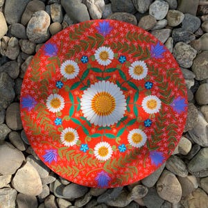 Mandala de margaritas besadas por el sol Pintura original gouache acrílico texturizado sobre lienzo de cartón Yantra Geometría Sagrada