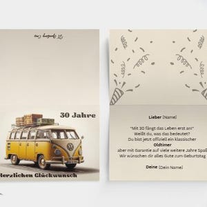 Digitaal sjabloon voor een vouwkaart, verjaardagskaart met vintage auto-charme voor de 30e verjaardag, standaard EU-landschapsformaat (14,8 cm x 21 cm)