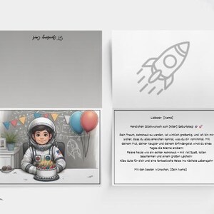 Vouwkaart liggend formaat (EU-norm 14,8 cm x 21 cm); Template Link digitale verjaardagskaart kinderen astronaut aanpasbaar met Canva