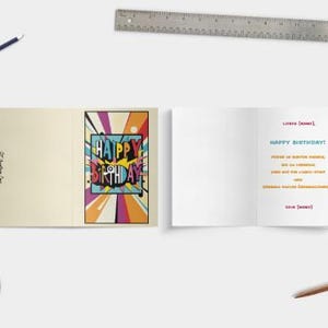Vouwkaart staand formaat (EU-norm 14,8 cm x 21 cm); Sjabloon Link digitale verjaardagskaart pop-artstijl aanpasbaar met Canva