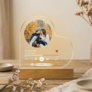 May include: A heart-shaped, illuminated acrylic photo frame with a wooden base. The frame features a circular photo of a couple, with the text "YOUR PERSONALIZED TEXT" above the photo. Below the photo is a music player interface.