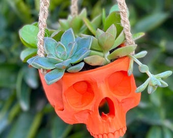 3D Printed Skull Planter - Orange - Hanging Gothic Decor for Succulents & Small Plants