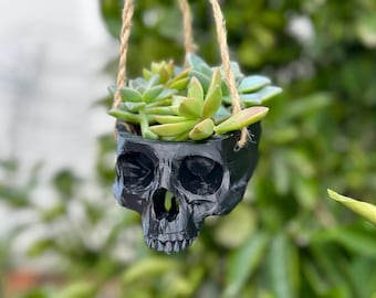 3D Printed Skull Planter - Black - Hanging Gothic Decor for Succulents & Small Plants
