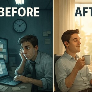 May include: A split image shows a before-and-after scenario. The "before" side depicts a man looking stressed at a computer, the "after" side shows him relaxed with a coffee mug. Text reads "BEFORE" and "AFTER".