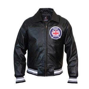 May include: Black leather jacket with a zip-up front, a collar, and a white and black striped hem and cuffs. The jacket features a patch on the chest with the text "AMRONX STANDARD" and a Union Jack design.
