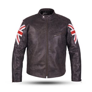 May include: A distressed brown leather jacket with a zipper closure and a stand-up collar. The sleeves feature a Union Jack flag design in red, white, and blue. The jacket has a classic biker style.