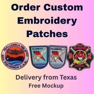 May include: Image features custom embroidery patches. The text reads "Order Custom Embroidery Patches." Several patches are displayed, including a round patch with an airplane, and patches with wings and a firefighter emblem.