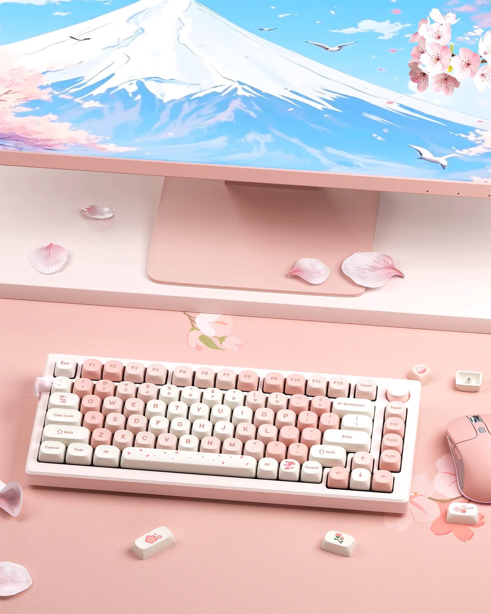 Keycaps Pink Cherry/sakura Keycaps Custom Keycaps for 75 Percent Dye-Sublimation 140 Keys Keyboard Keycap Set