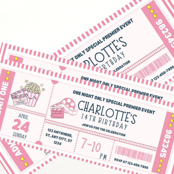 Editable Movie Night Ticket Invitation Pink Movie Ticket Invitation Movie Birthday Invitation Girls Movie Night Party Template Instant