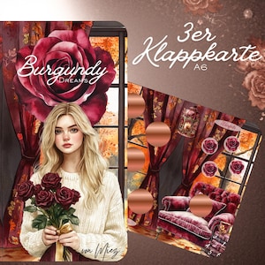 Könnte beinhalten: Ein Set aus drei A6 Klappkarten mit dem Titel Burgundy Dreams, das eine blonde Person in einem cremefarbenen Pullover mit dunkelroten Rosen zeigt. Das Design umfasst ein Fenster mit Herbstlaub, roten Vorhängen und einem Samtsessel.
