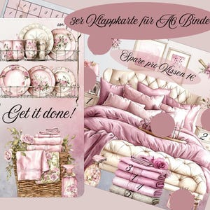 Könnte beinhalten: Digitale Illustration eines Schlafzimmers in Rosa- und Weißtönen. Ein getuftetes Kopfteil und Bettwäsche sind zu sehen. Ein Regal zeigt rosa Blumengeschirr und Tassen. Ein Korb enthält Handtücher und eine Blumensprühflasche. Text: "Get it done!"