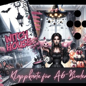Könnte beinhalten: Digitale Illustration mit einem gotischen Hexen-Thema. Das Bild zeigt eine Frau in einem schwarzen Kleid, die einen geschnitzten Kürbis hält. Der Hintergrund zeigt eine gruselige Stadtszene mit dem Text "Witch House" und "Klappkarte für A6-Binder".