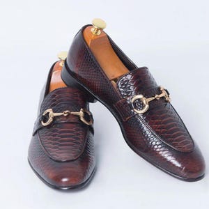 Handmade Brown Python Textured Cowhide Leather Loafers for Men | Goodyear Welted Slip-On Moccasins