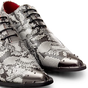 Men Grey Snakeskin Design Shoes with Metal Toe, Leather Shoes for Men, Exotic Style