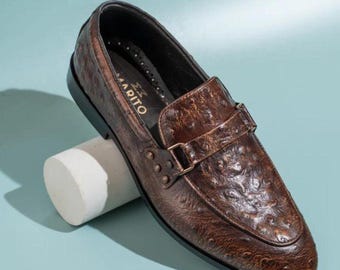 Mocasines de piel de avestruz marrón hechos a mano a medida, mocasines sin cordones, zapatos de fiesta para hombres, mocasines para hombres.