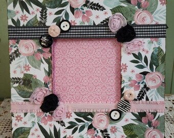 Pink and Black Flowers and Fun Cottage Decoupaged Picture Frame