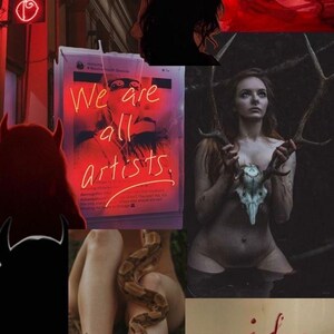 Op de afbeelding: Een collage van afbeeldingen met een rood thema. De bovenste afbeelding toont een vrouw met lang donker haar in een rode jurk. De tweede afbeelding toont een neonbord met de tekst "We are all artists". De derde afbeelding toont een vrouw die een hertenschedel vasthoudt. De vierde afbeelding toont de benen van een vrouw met een slang eromheen gewikkeld. De vijfde afbeelding toont een hand die "I love you" op een wit oppervlak schrijft.