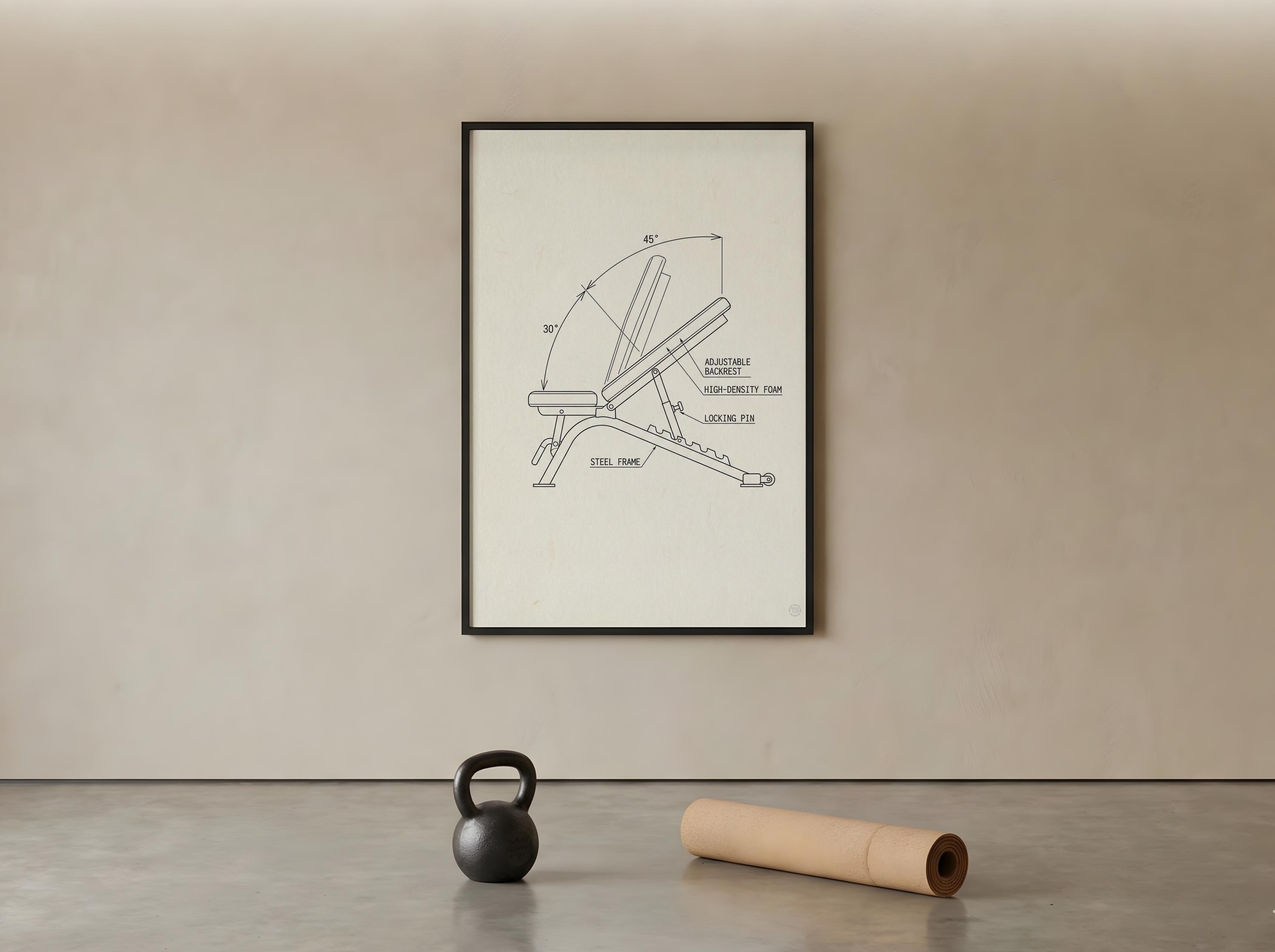 Workout Bench Blueprint | Incline Bench Press Art | Home Gym Wall Decor ...