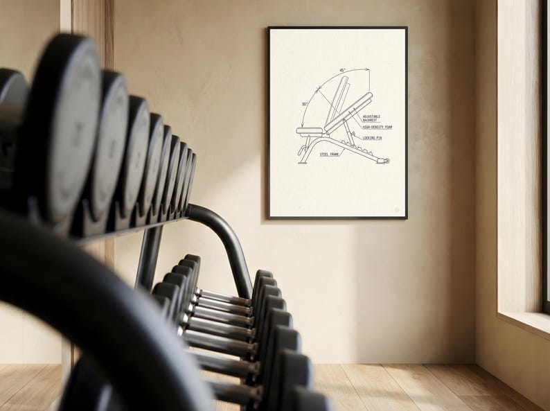 Workout Bench Blueprint | Incline Bench Press Art | Home Gym Wall Decor ...