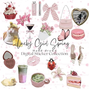 Lucky Girl Spring Aesthetic Illustrated Clipart Hand drawn Digital Stickers Icons for bujo Fashion Lifestyle Elements Icons Graphics