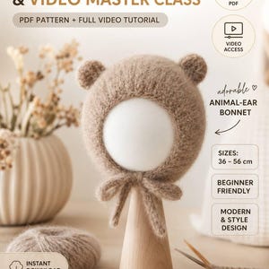 May include: A beige fuzzy knit bonnet with small rounded animal ears and chin ties. The text reads KNITTING PATTERN & VIDEO MASTER CLASS, PDF PATTERN + FULL VIDEO TUTORIAL, adorable ANIMAL-EAR BONNET, SIZES: 36 - 56 cm, BEGINNER FRIENDLY, MODERN & STYLE DESIGN, INSTANT DOWNLOAD, EASY TO FOLLOW, PERFECT GIFT, CREATE WITH LOVE.