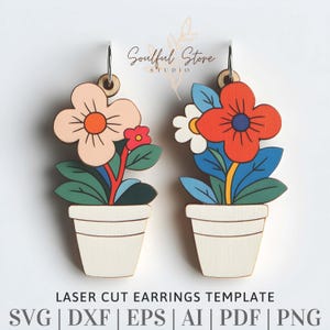 Blume in einem Topf Holz Ohrringe Vorlagen Laser geschnitten, Dateien svg, digitaler Download, Glowforge Xtool lightburn SVG, Halskette svg, Anhänger svg, Pflanze