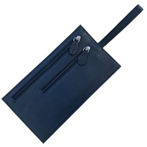 May include: Black leather wallet with a wrist strap and two zipped compartments.