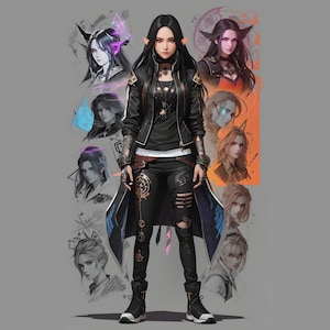 Op de afbeelding: Een vrouw met lang zwart haar en elfenoren draagt een zwart leren jack, een zwarte broek met scheuren en zwarte laarzen. Ze draagt een ketting met een hanger en een riem met een gesp. De achtergrond is een collage van verschillende vrouwen met verschillende kapsels en kleding.