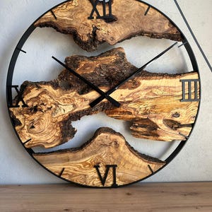Clock made of olive wood, home decor, loft style, wooden wall clock, gift, handmade, rustic clock, engraved clock