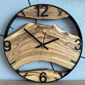 Clock made of olive wood, home decor, loft style, wooden wall clock, gift, handmade, rustic clock, engraved clock