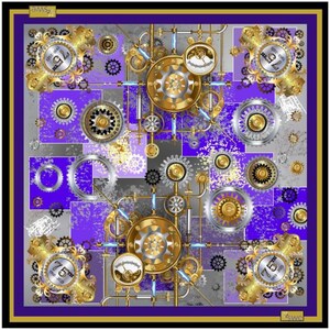 May include: A purple, silver, and gold patterned square scarf with a steampunk design featuring gears, pipes, and gauges. The scarf has a gold border and the text "75" and "192" in gold.