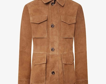 May include: A brown suede jacket with a button-up front and multiple pockets.
