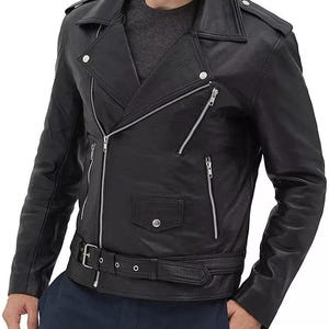Kurtka motocyklowa męska Vintage Black Lambskin Leather – klasyczny styl motocyklowy z paskiem i zamkami