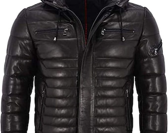 Men's Genuine Leather Puffer Jacket | Removable Hooded Winter Coat