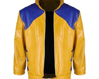 May include: A yellow and blue leather jacket with a high collar and a zipper closure. The jacket has blue accents on the shoulders and sides, and a black interior. The jacket is a medium weight and appears to be new.