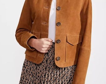 Handmade Brown Suede Trucker Jacket – Women's Vintage Western Coat
