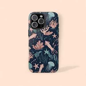 Mystic Ocean Life Tough iPhone Case | Whimsical Creature Gift,Deep Blue Jellyfish Squid Durable Cover, Coastal Aesthetic iPhone 16 15, 14 13