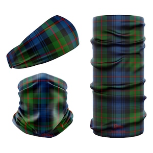 May include: A set of three blue, green and red plaid patterned fabric headbands. The headbands are in different styles: a headband, a neck gaiter and a face mask.
