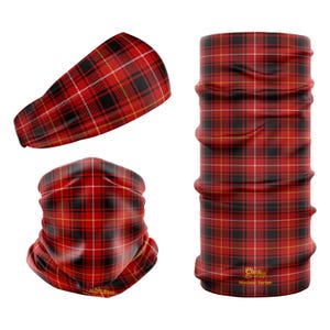 May include: Red, black and yellow plaid fabric headband and neck gaiter. The neck gaiter has the text "MacLaren Tartan" printed on it.
