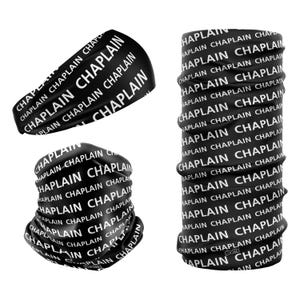 May include: Black and white patterned headband and neck gaiter with the word "Chaplain" repeated in white text.