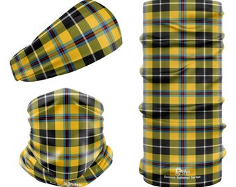Cornish National Tartan Multifunctional bandana seamless headwear snood using 100% recycled Repreve material. Made in the United Kingdom.