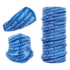 May include: A blue headband and neck gaiter with the word "Chaplain" repeated in white text.